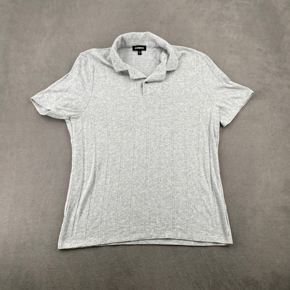 Express Mens XL Gray Ribbed Short Sleeve Polo Shirt Cotton Blend Heathered